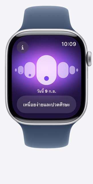 มุมมองด้านหน้าของแอปการติดตามรอบเดือนบน Apple Watch Series 10 ที่ระบุว่าการนอนเปลี่ยนไป