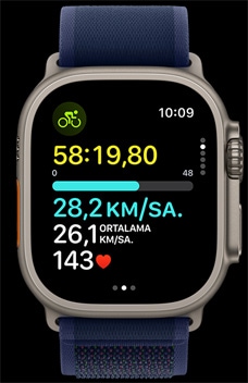 Apple Watch Ultra 2 ekranında bir kişinin bisiklet sürme hızı gösteriliyor.