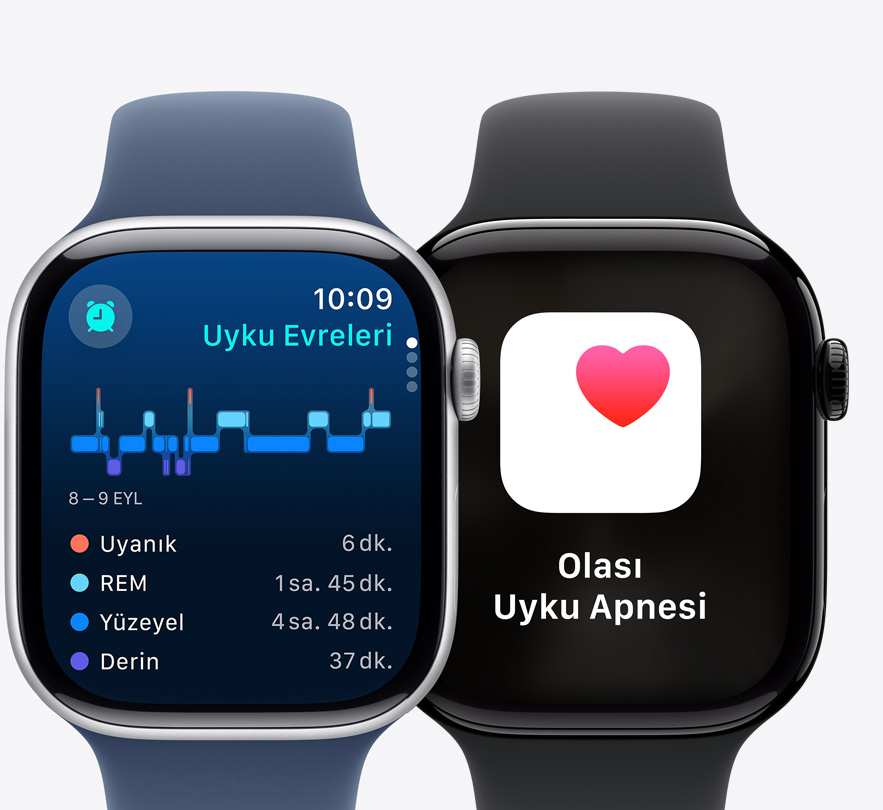 Uyku Evreleri ekranını ve Olası Uyku Apnesi bildirimini gösteren iki Apple Watch Series 10’un önden görünümü.