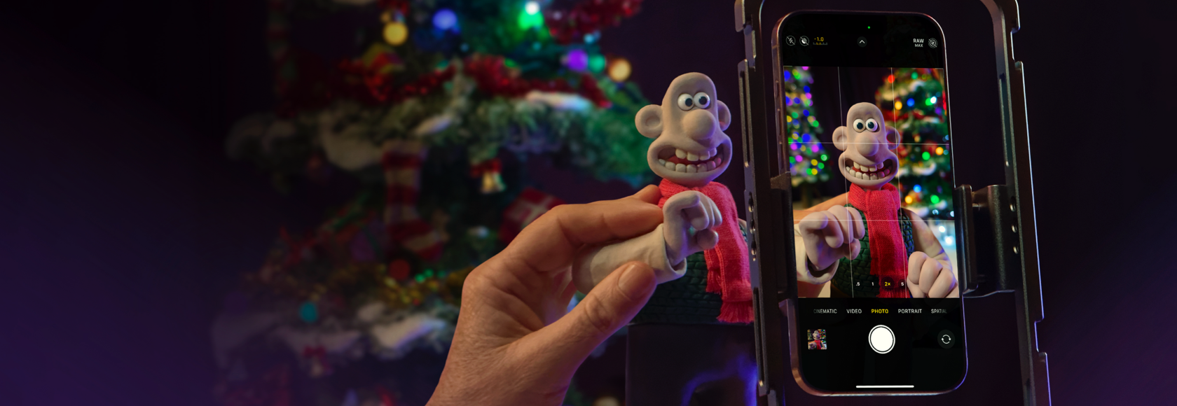 An iPhone 16 Pro shooting a scene from Wallace & Gromit.