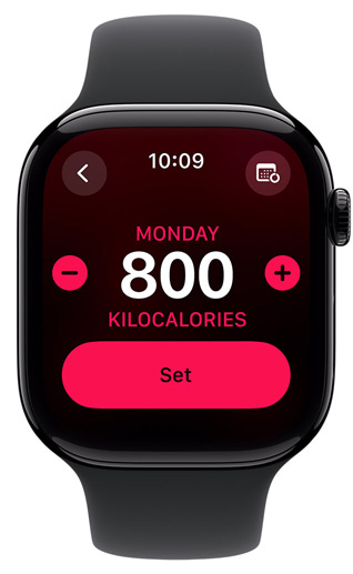 An Apple Watch screen displays a Move goal of 800 calories.