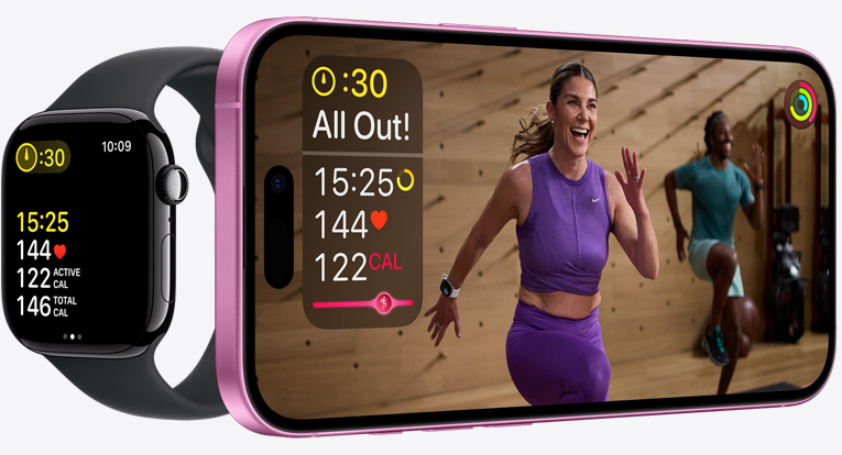 Treino do Fitness+ com métricas sincronizadas no iPhone e Apple Watch