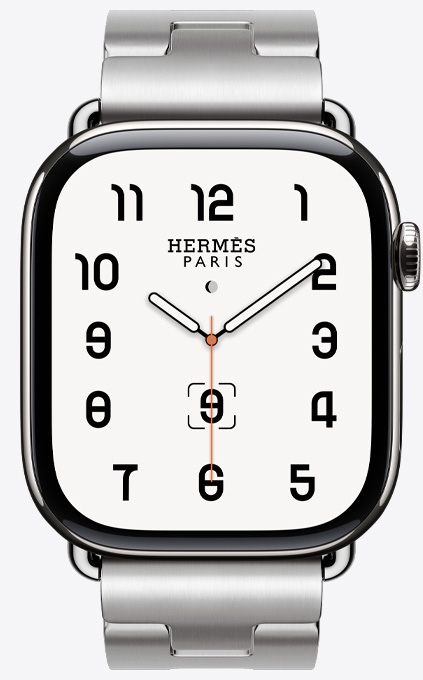 Front view of the new Satiné Grand H strap in stainless steel with the Hermès Classic watch face.