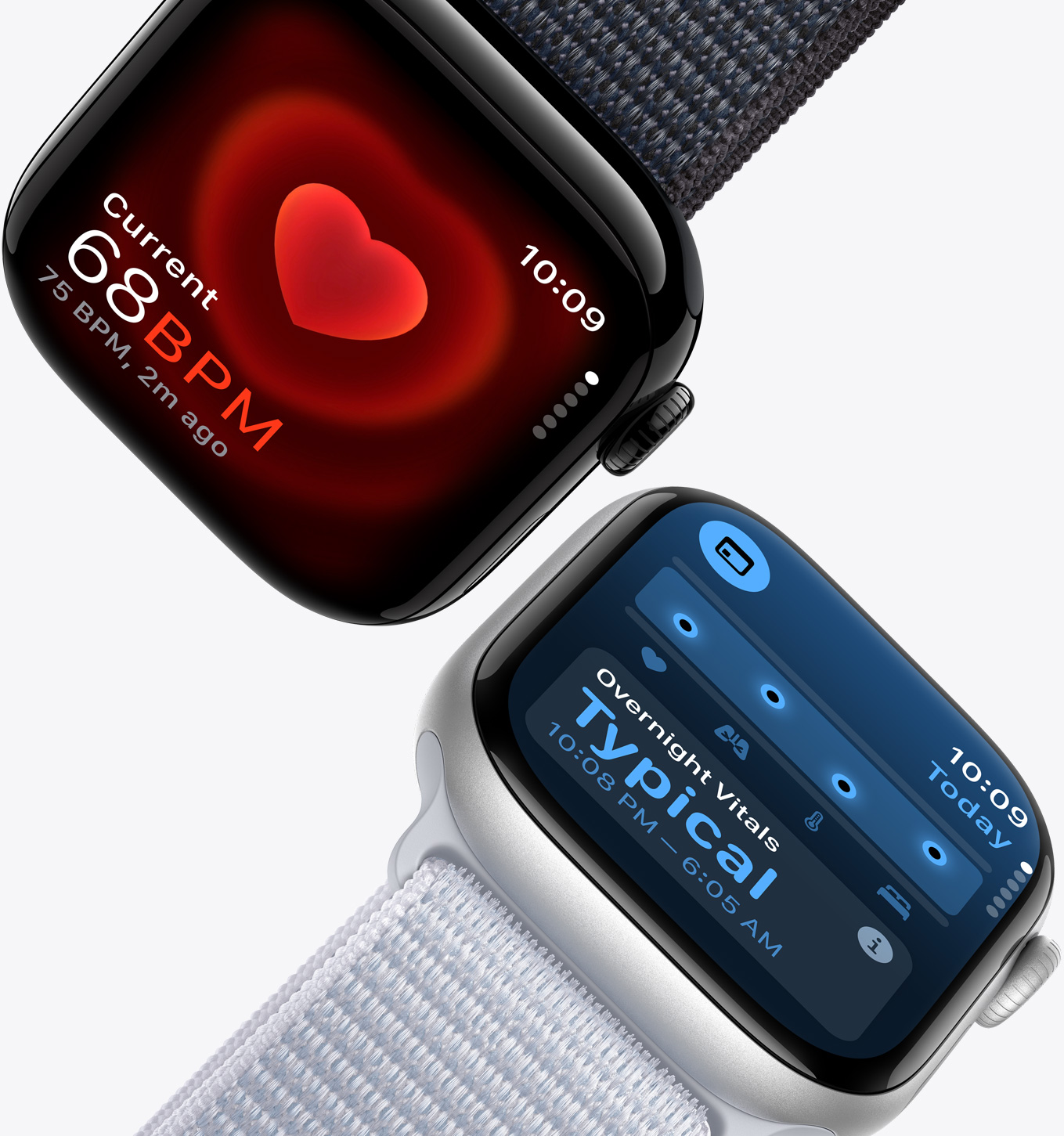 Heart Rate приложението показва текущо отчитане от 68 BPM на Apple Watch Series 10, а Vitals приложението показва типични жизнени показатели през нощта на Apple Watch Series 10.