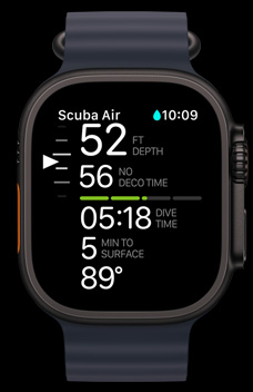 Apple Watch Ultra 2 a mostrar a app Oceanic+.