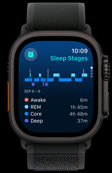 App Sono a mostrar quanto tempo duraram as fases de sono REM, essencial e sono profundo.