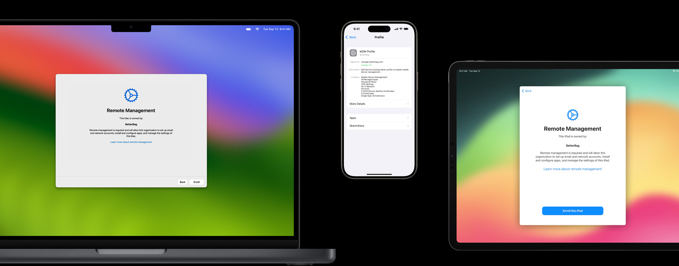 En Mac og en iPad viser et vindu for ekstern administrering. En iPhone viser MDM-profilinnstillinger