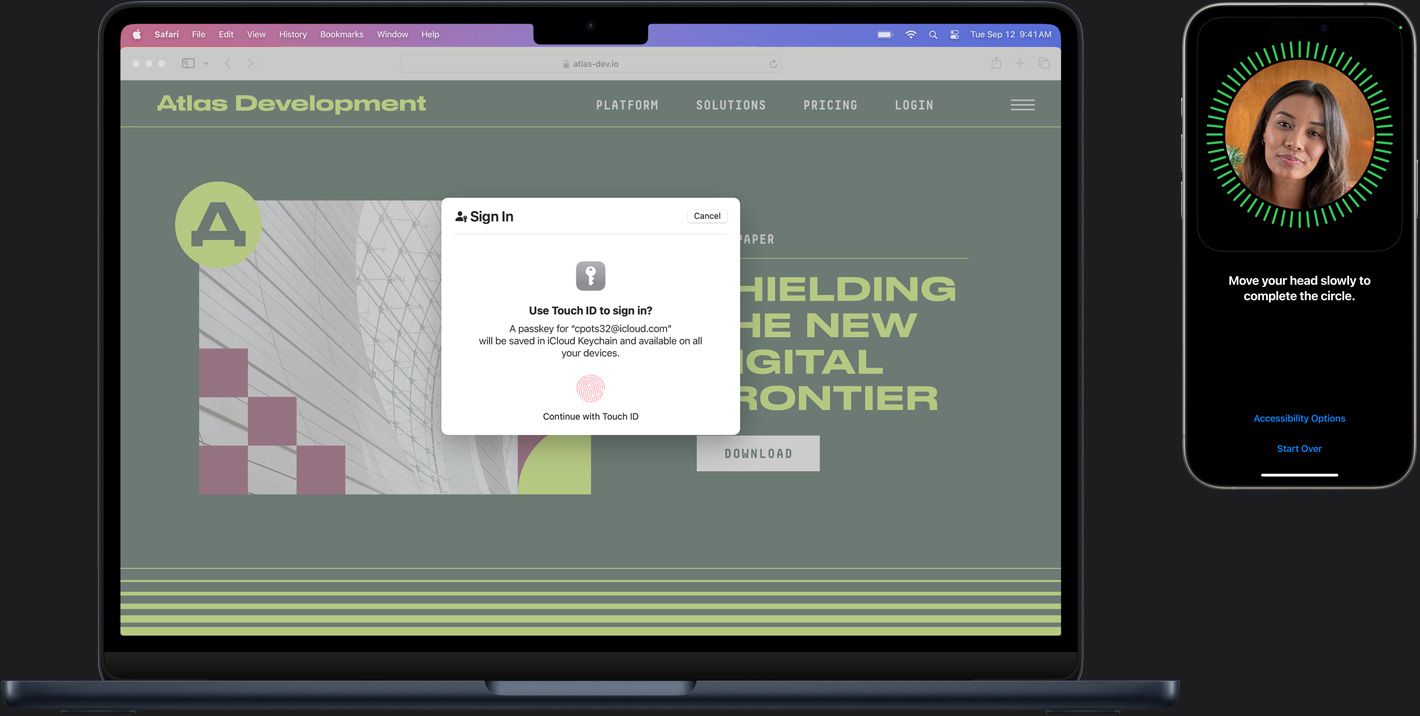 En Mac og en iPhone som viser ulike aspekter av Touch ID for sikker pålogging.