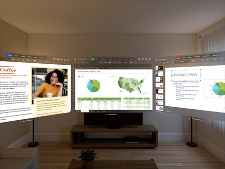 Three screens showing a presentation in a living room space, as seen through Apple Vision Pro.