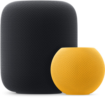 Gul HomePod mini snett framför en HomePod i midnatt.