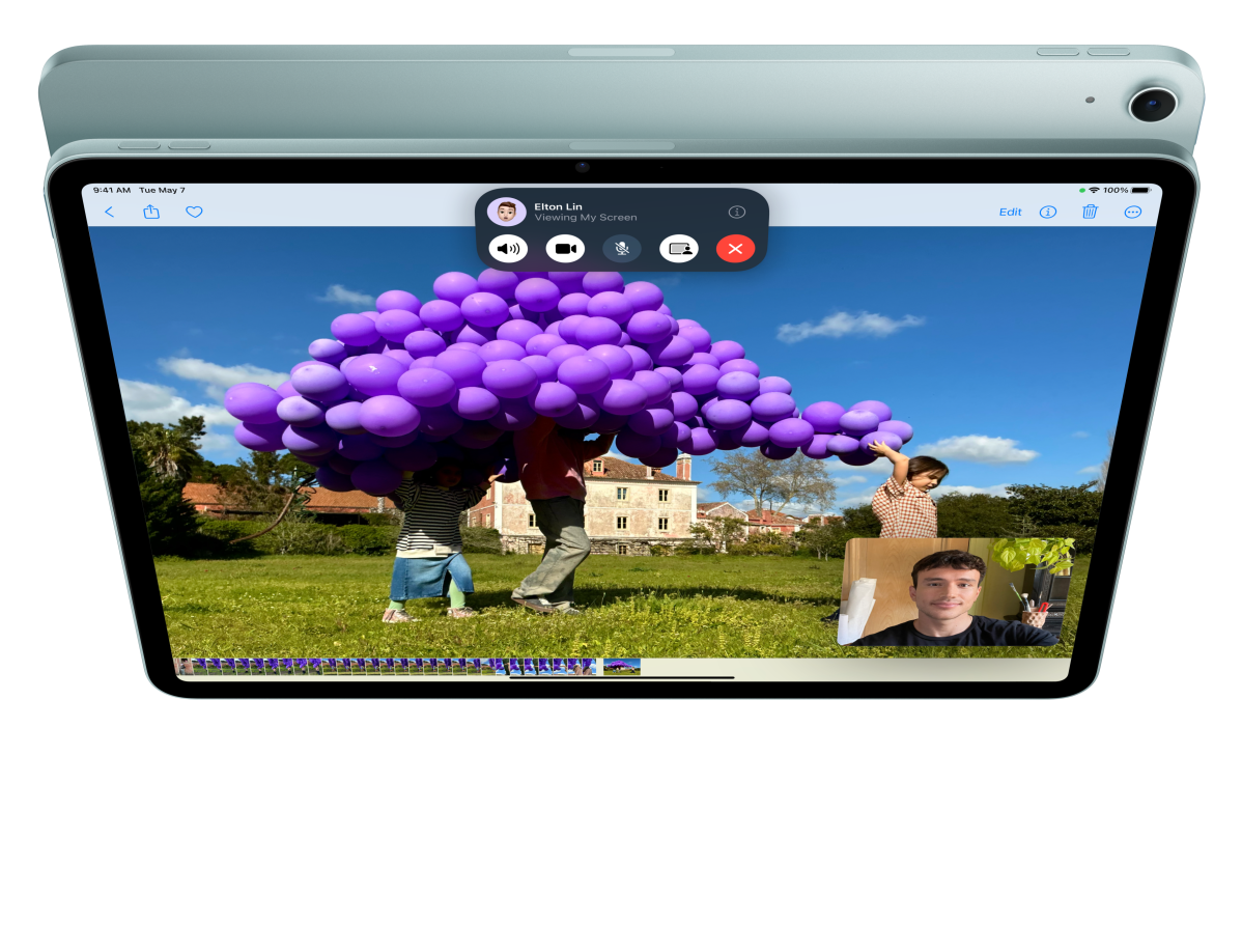 Animation of iPad Air, front exterior, user is on FaceTime and looking at photos, in front of another iPad Air, back exterior
