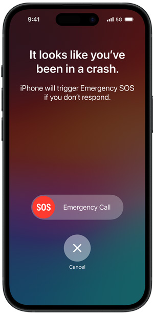 The Crash Detection screen saying "It looks like you've been in a crash. iPhone will trigger Emergency SOS if you don't respond"