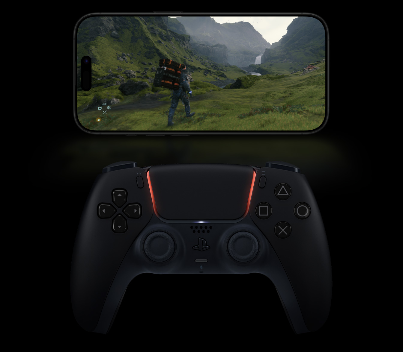 O jogo Death Stranding Director's Cut no iPhone 16 Pro em titânio preto, com um controle sem fio