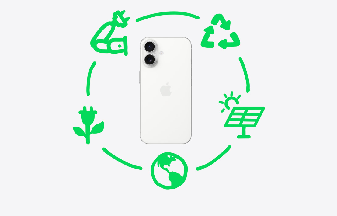 Gráfico que apresenta as etapas que a Apple segue para reciclar e reutilizar materiais, incluindo design, aprovisionamento, fabrico, embalagem, envio, utilização e recuperação.