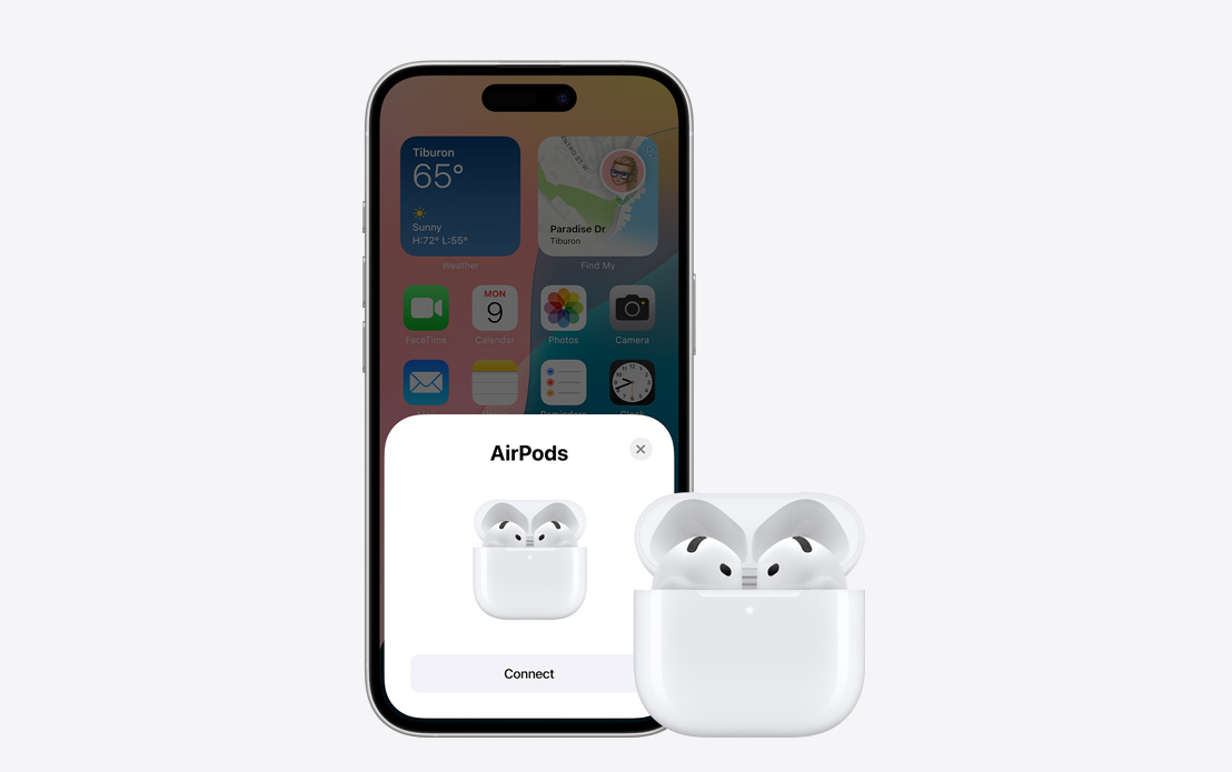 Airpods and iPhone with screen showing the two are connected.