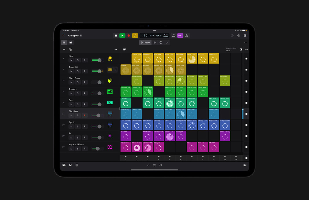 Interfaz de usuario de una función de grabación y creación de loops en Logic Pro para el iPad.