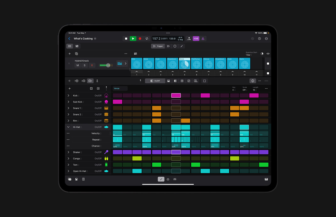 La interfaz de usuario de Step Sequencer en Logic Pro para el iPad.