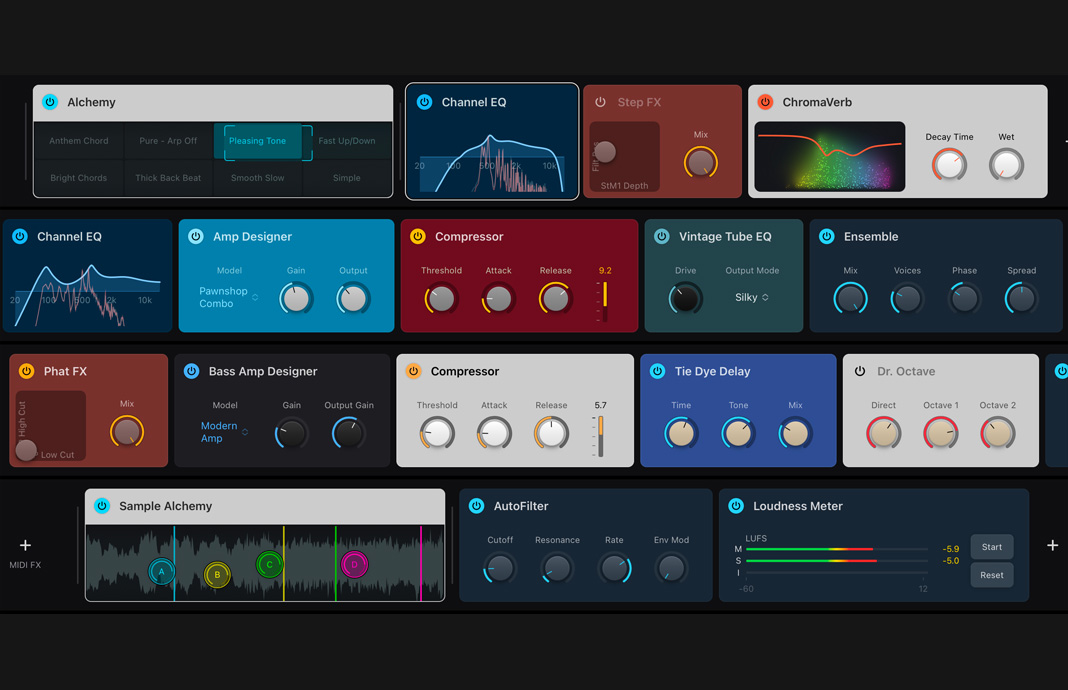 Colección de paneles de plug-ins en Logic Pro en un iPad Pro.