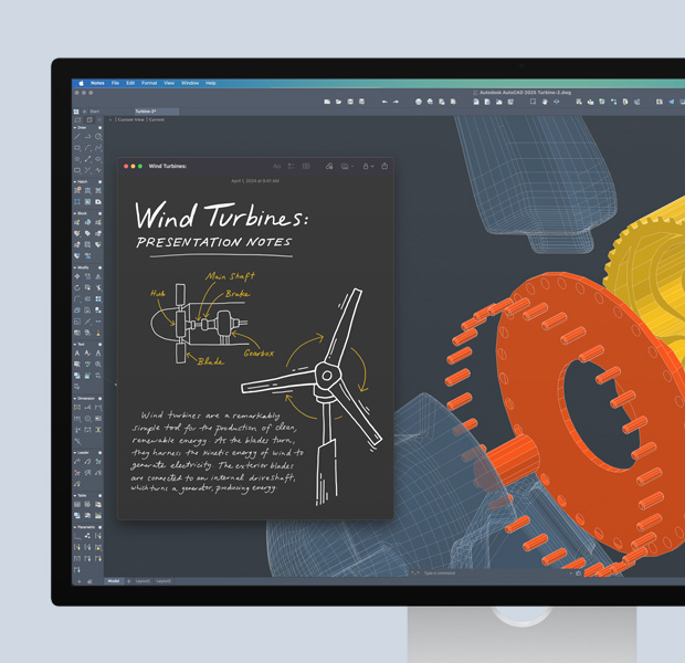 La pantalla de un monitor muestra un proyecto abierto en AutoDesk AutoCAD con dibujos y notas