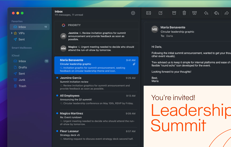 Демо на Priority Messages функцията на Apple Intelligence в приложението Mail — спешни имейли се събират в един фолдър с обобщение на нужните действия, отворен имейл иска ревю на дизайн файлове днес