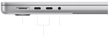 MacBook Pro 14-inch with M4 Pro or M4 Max, closed, left side, showing MagSafe 3 port, two Thunderbolt 5 ports, and headphone jack