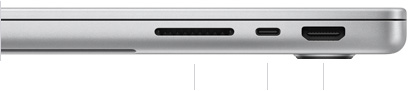 MacBook Pro 14-inch with M4 Pro or M4 Max, closed, right side, showing SDXC card slot, one Thunderbolt 5 port, and HDMI port