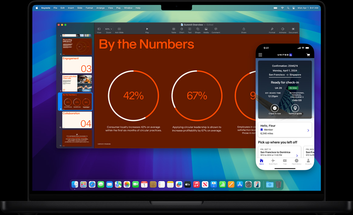 Démonstration de la recopie de l’iPhone, avec l’écran d’un iPhone à l’écran d’un MacBook Pro. L’écran de MacBook Pro affiche une présentation qui se fait modifier dans l’app Keynote, tandis que celui d’iPhone affiche une invitation à s’enregistrer pour un vol.