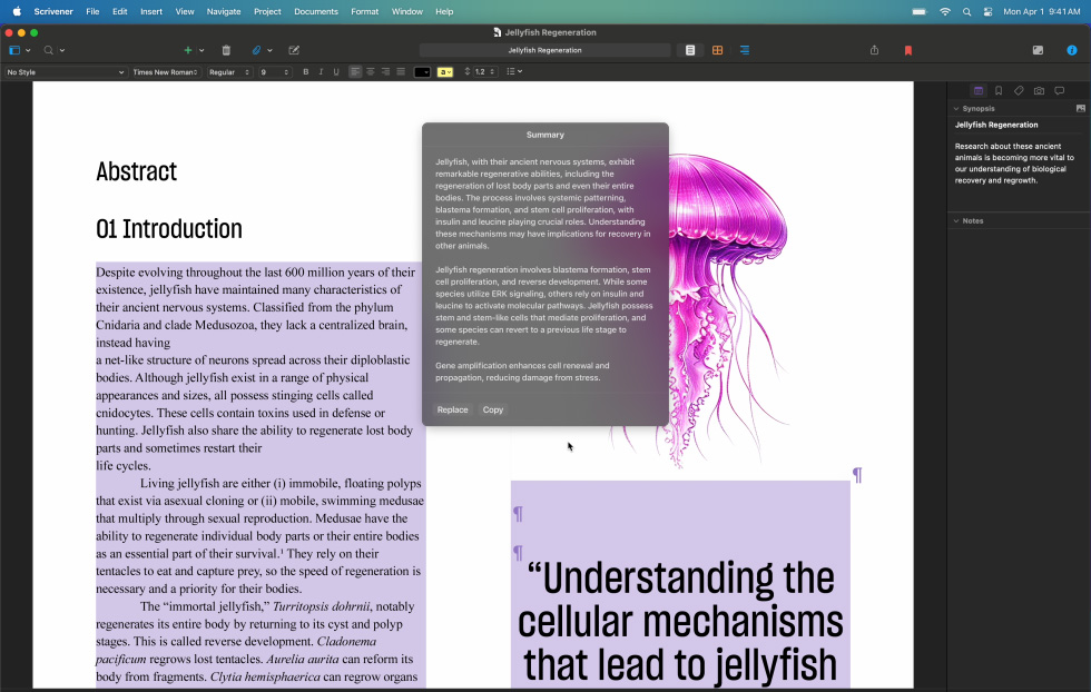 Using Apple Intelligence Writing Tools to summarise a portion of an academic essay on jellyfish, producing a one-sentence summary of multiple paragraphs