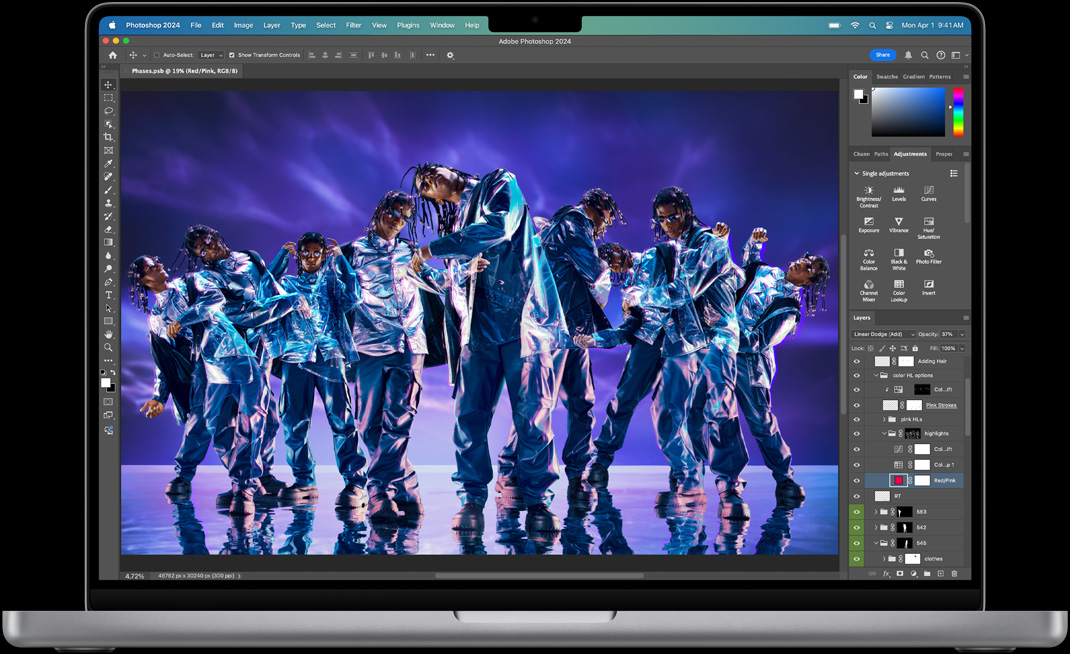 User editing an image of a person shown in multiple poses — light reflects from their silvery outfit and the rippling surface they stand on