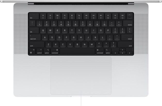 Top-down view of open MacBook Pro 16-inch showing Force Touch trackpad located below keyboard