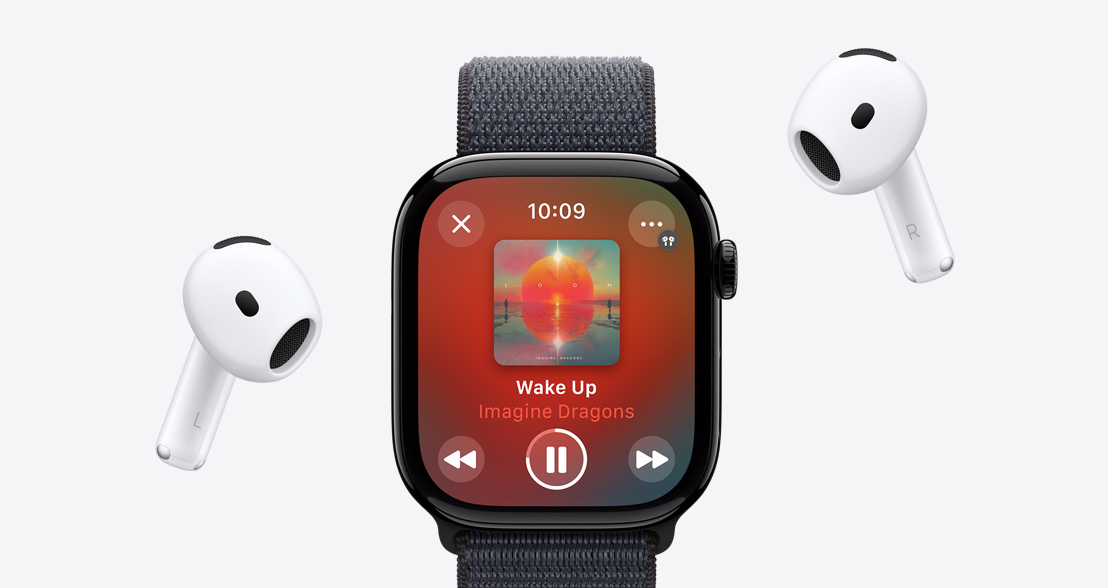 AirPods 4 around an Apple Watch Series 10 with an Apple Music Playlist playing.