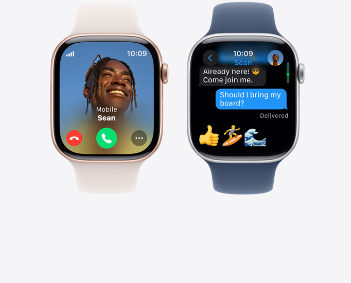 Pohled zepředu na dvoje Apple Watch Series 10 s voláním a zprávou.