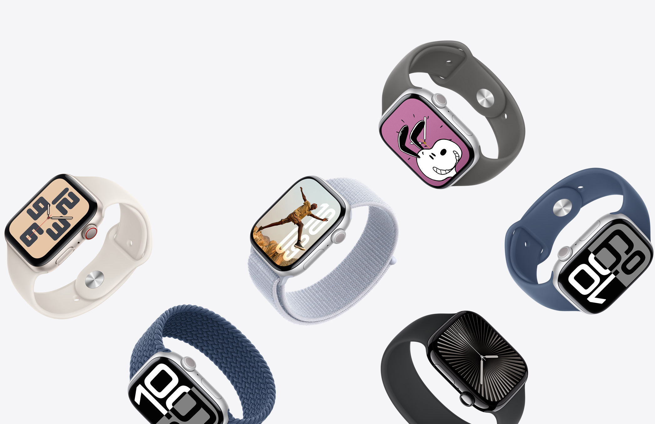 مجموعة من أجهزة Apple Watch بألون إطارات مختلفة وأحزمة بألوان وخامات متنوعة.