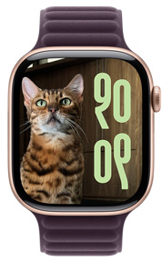 Photo Face of a cat with custom time size and language script on Apple Watch hardware