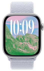 Photo Face of scenery with custom time size and language script on Apple Watch hardware.