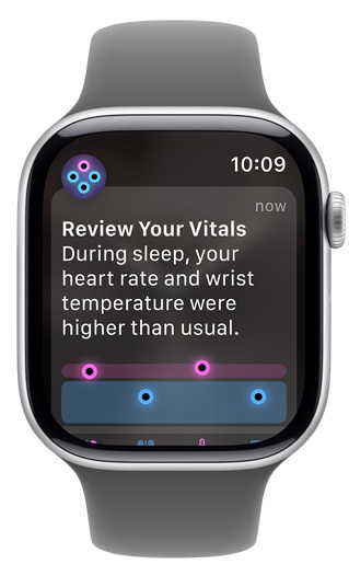 Apple Watch screen displaying and alert "Review Your Vitals"