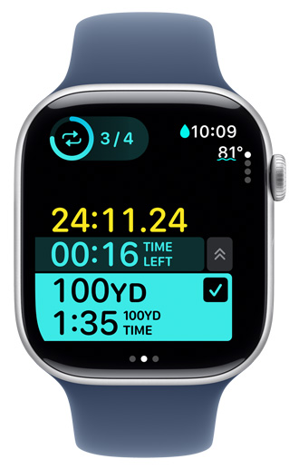 An Apple Watch screen displays the timing of a custom pool swim workout