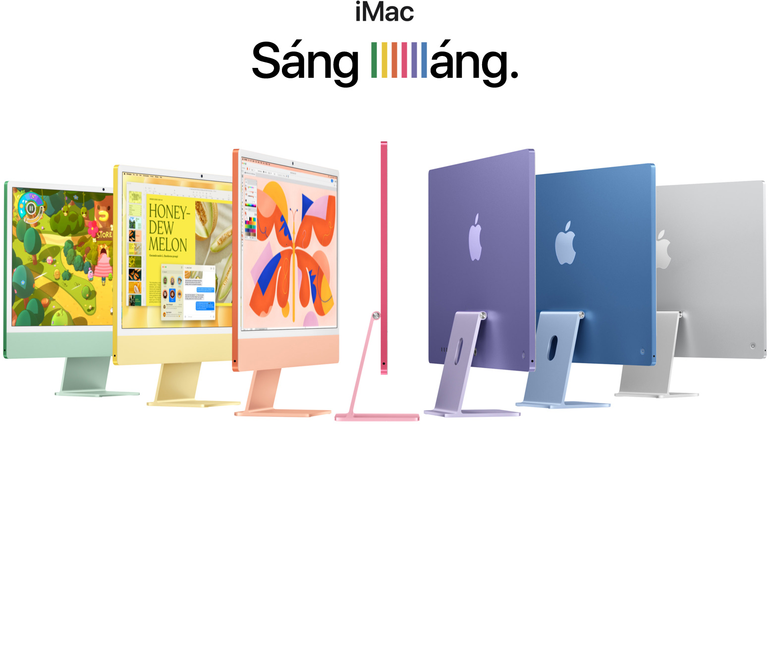 7 iMacs in different colors (Green, Yellow, Orange, Pink, Purple, Blue, Silver) in a accordion arrangement