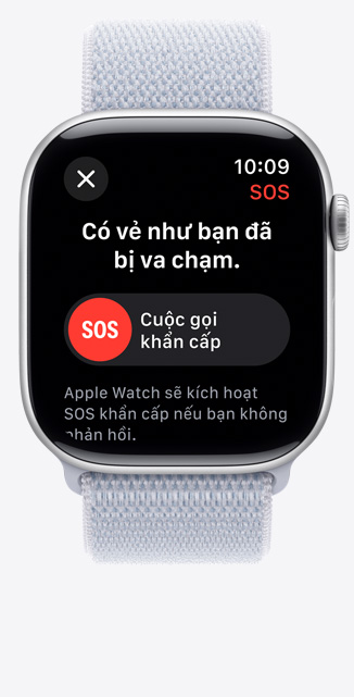 Mặt trước của Apple Watch Series 10 hiển thị thông báo Phát Hiện Ngã.